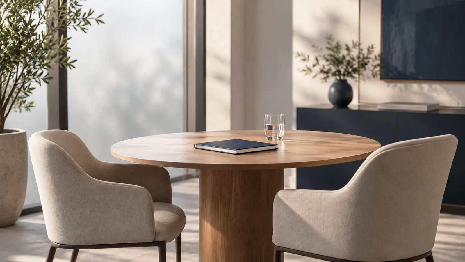 Ambiente conceitual de acolhimento e conversa, com mesa, caderno e duas cadeiras.