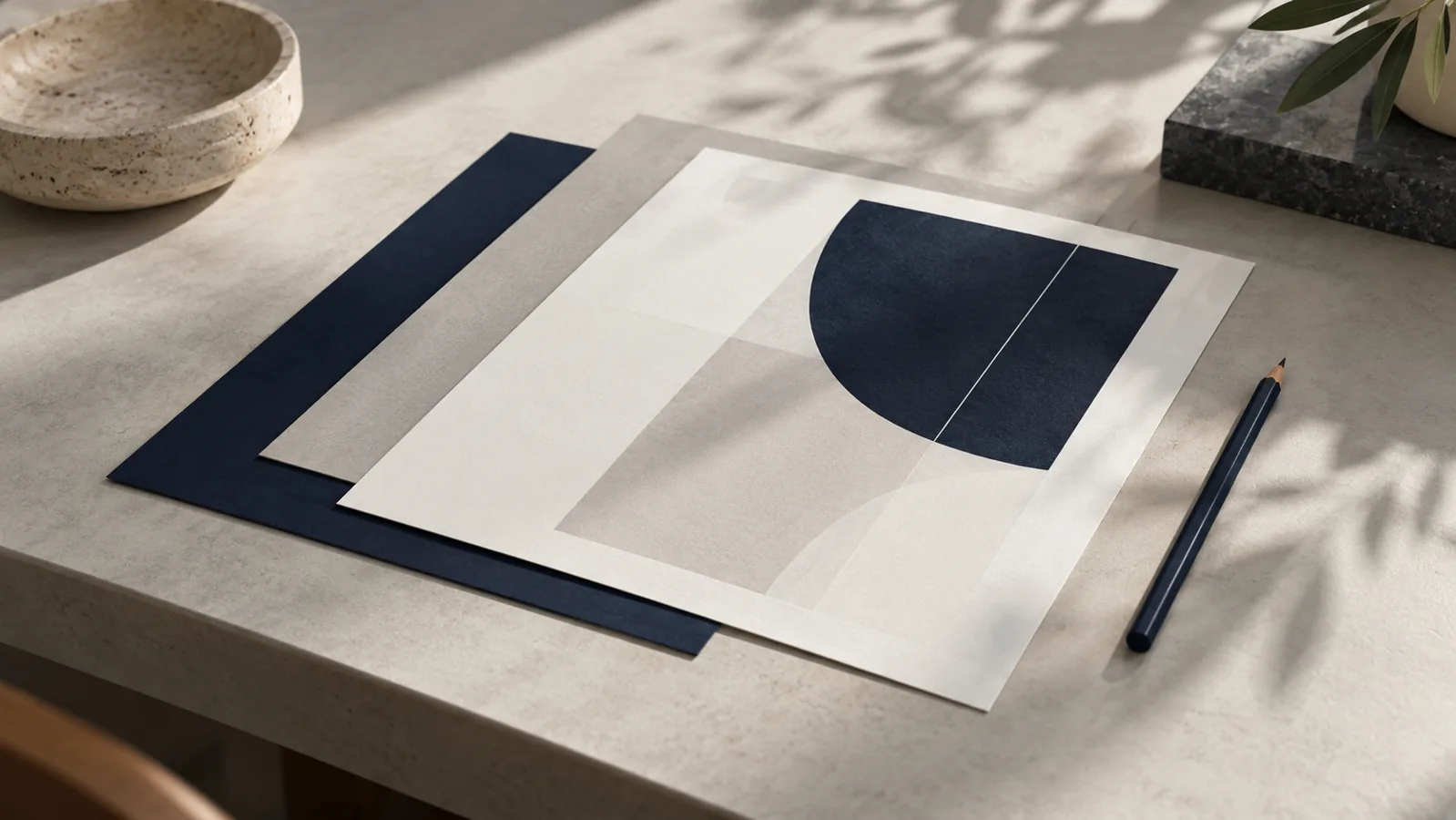 Composição de materiais gráficos e formas geométricas em azul e tons neutros.