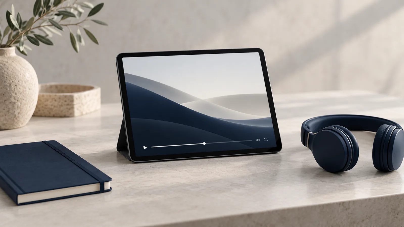 Tablet, fones e caderno em composição voltada ao aprendizado digital.