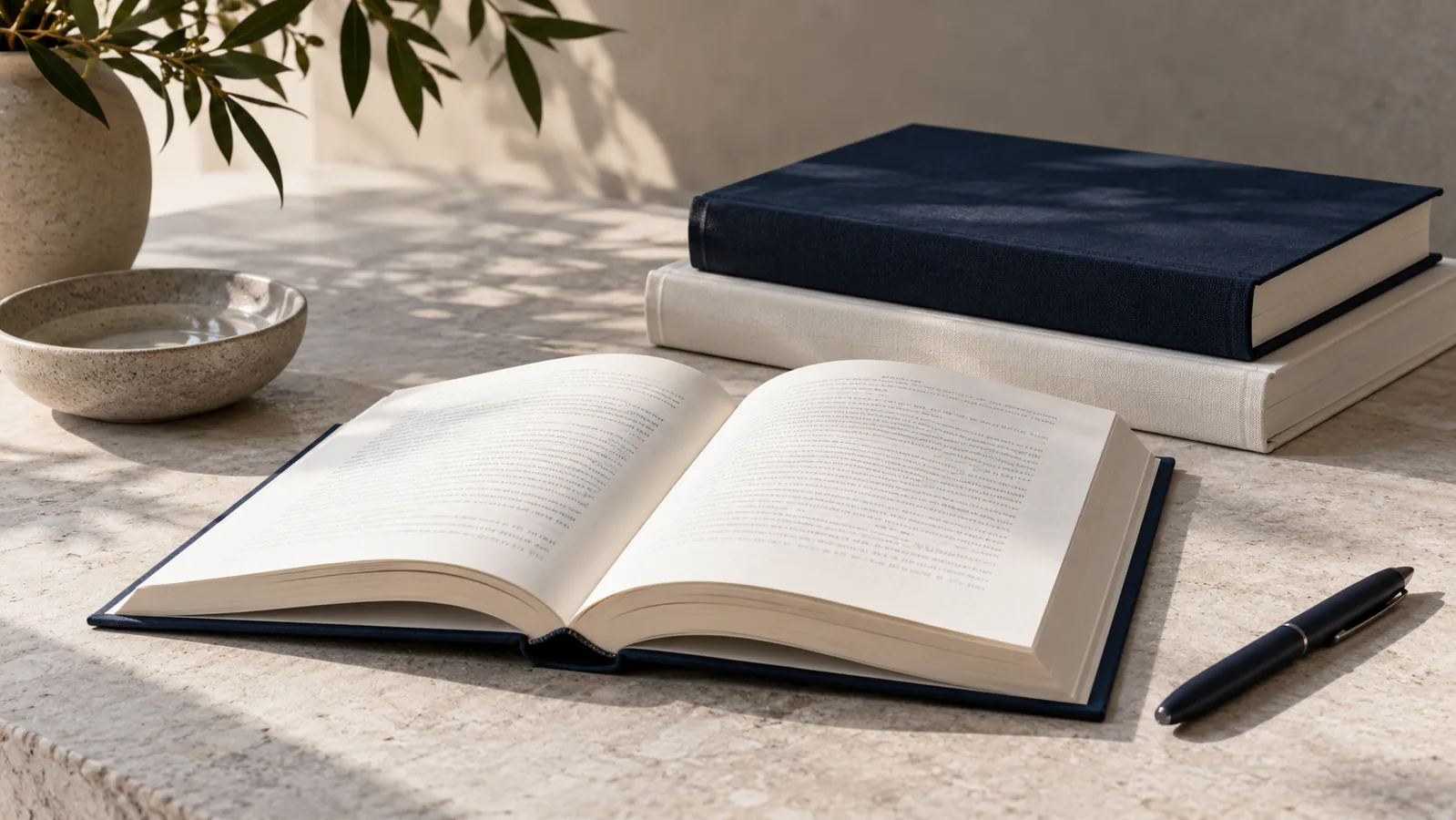 Livros em azul e marfim, livro aberto e caneta em composição editorial.