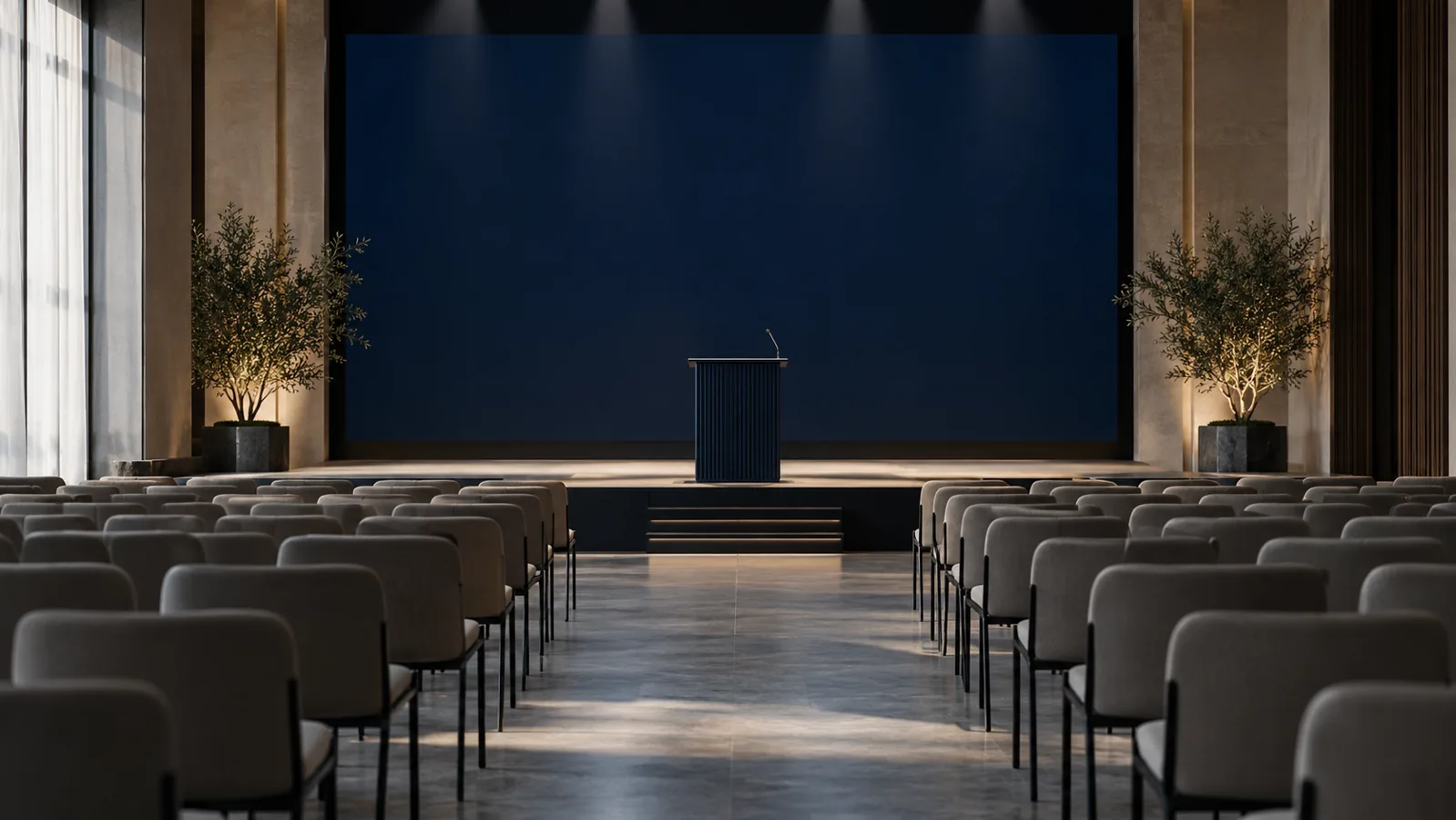 Palco conceitual de evento, com púlpito e painel azul.