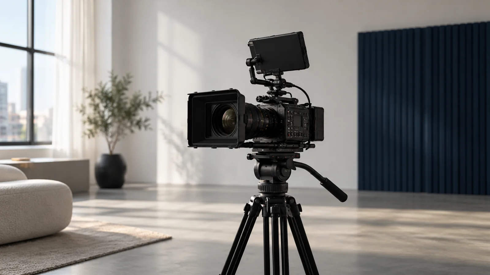 Câmera profissional em ambiente de produção audiovisual.