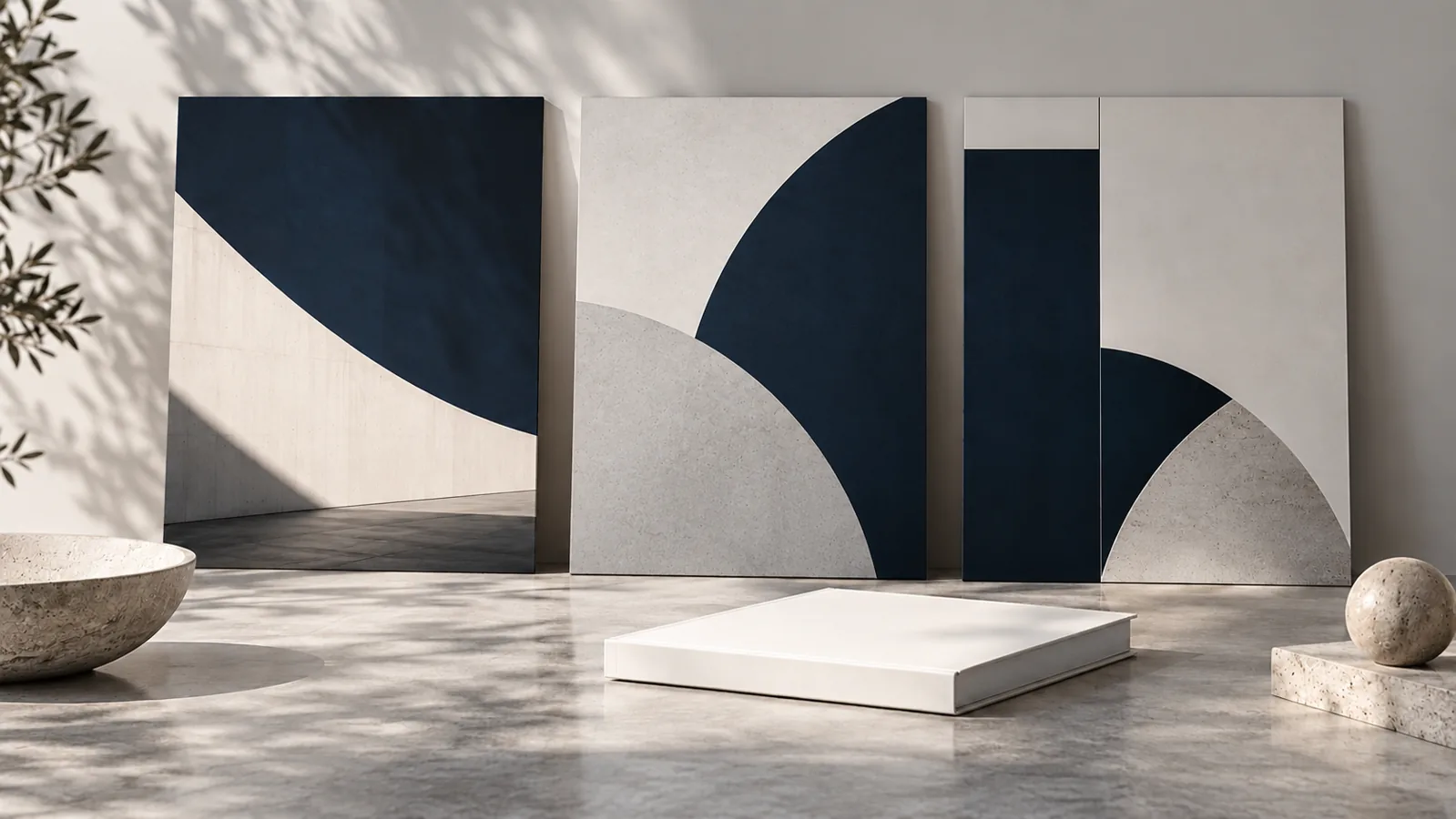 Painéis com composições gráficas abstratas em azul e tons neutros.