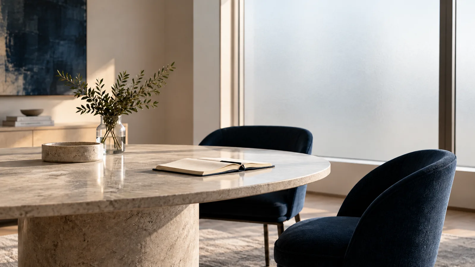 Ambiente conceitual para planejamento e colaboração, com mesa e cadeiras azuis.