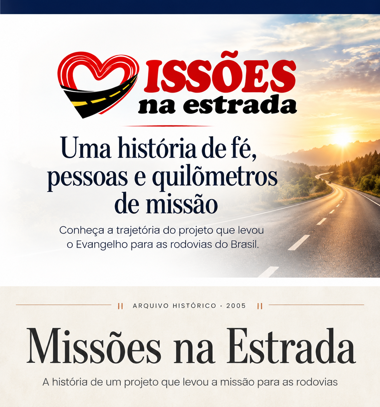 Chamada da reportagem Missões na Estrada com logo do projeto e rodovia