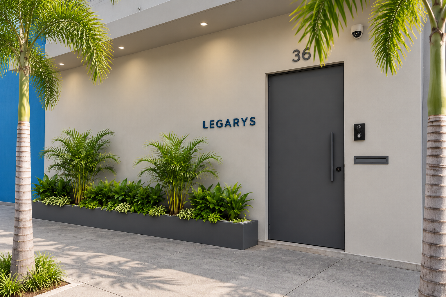 Imagem ilustrativa do projeto das novas instalações da LEGARYS, com fachada cinza e paisagismo