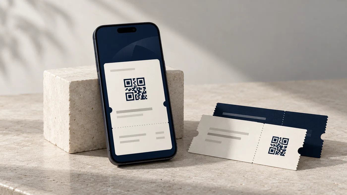 Imagem ilustrativa de bilheteria digital, com ingresso no celular e bilhetes em azul e marfim.