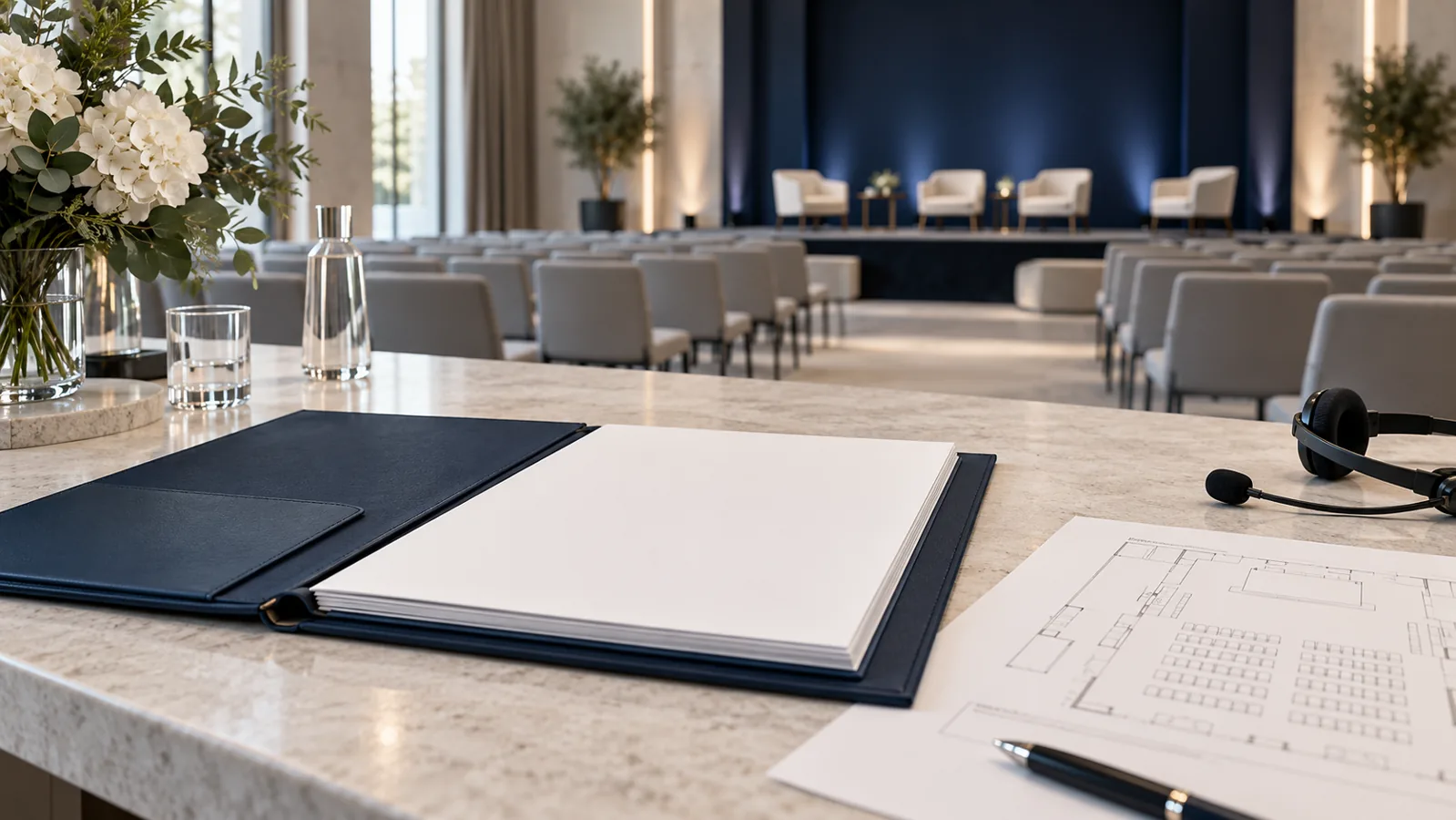 Planejamento de eventos: pasta, planta do espaço e headset diante de um auditório conceitual.