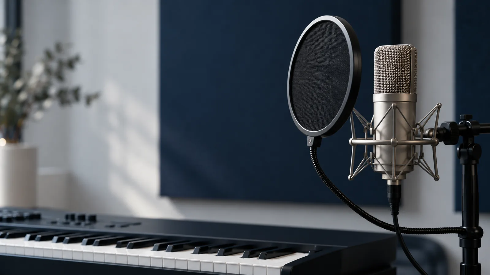 Microfone de estúdio e teclado em ambiente conceitual de produção musical.